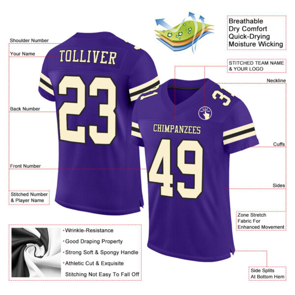 Purple0466-1 Custom Purple Cream-Black Mesh Authentic Football Jersey