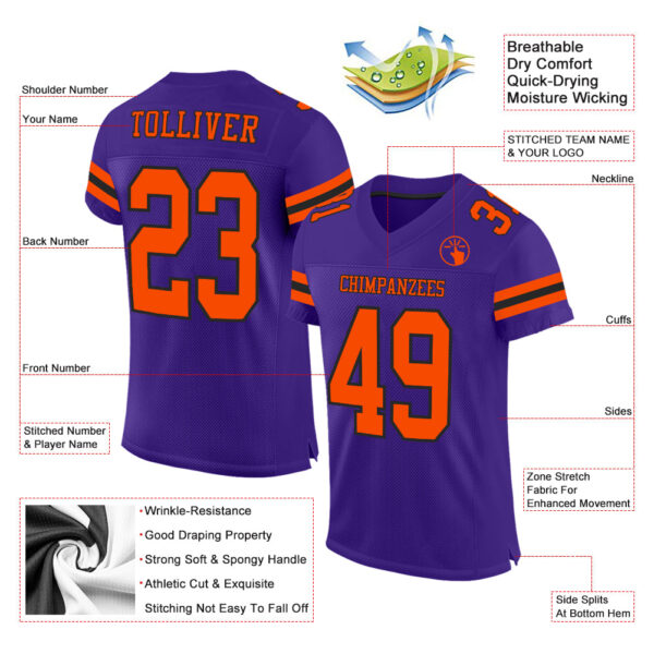 Purple0470-1 Custom Purple Orange-Black Mesh Authentic Football Jersey