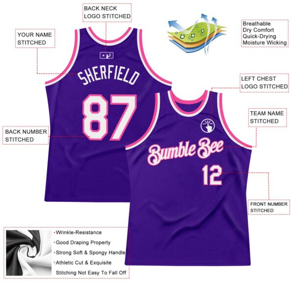 Custom Purple White-Pink Authentic Throwback Basketball Jersey
