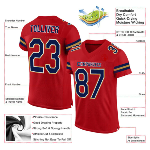 Red0286-1 Custom Red Navy-Old Gold Mesh Authentic Football Jersey