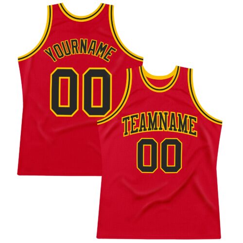 Red0444 Custom Red Black-Gold Authentic Throwback Basketball Jersey