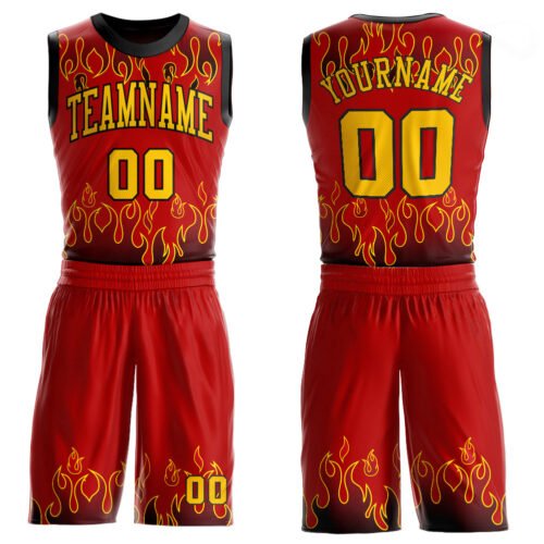 Red0449 Custom Red Gold-Black Flame Round Neck Sublimation Basketball Suit Jersey