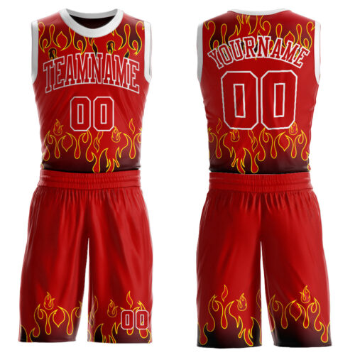 Red0450 Custom Red Red-Black Flame Round Neck Sublimation Basketball Suit Jersey