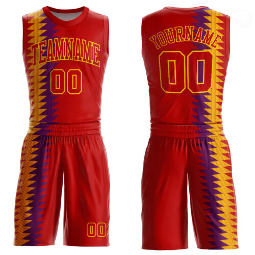Red0457 Custom Red Red-Gold Round Neck Sublimation Basketball Suit Jersey