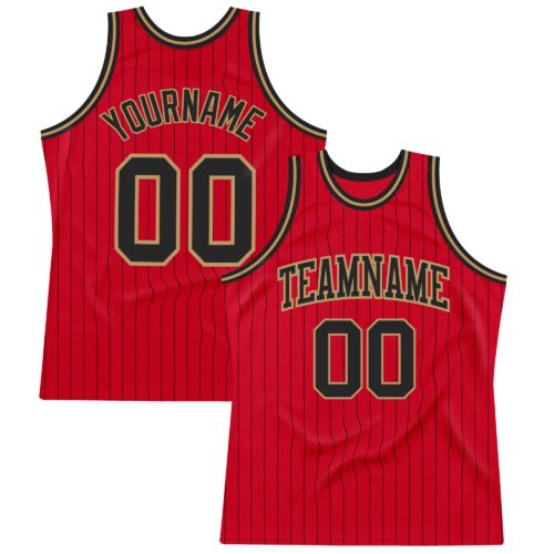 Red0564 Custom Red Black Pinstripe Black-Old Gold Authentic Basketball Jersey