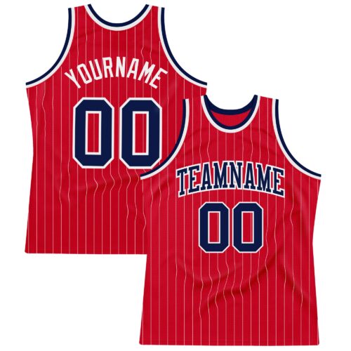 Red0568 Custom Red White Pinstripe Navy-White Authentic Basketball Jersey