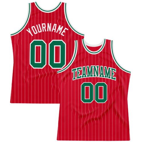 Red0575 Custom Red White Pinstripe Kelly Green-White Authentic Basketball Jersey