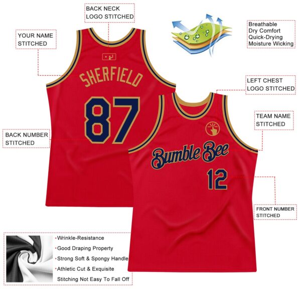 Custom Red Navy-Old Gold Authentic Throwback Basketball Jersey