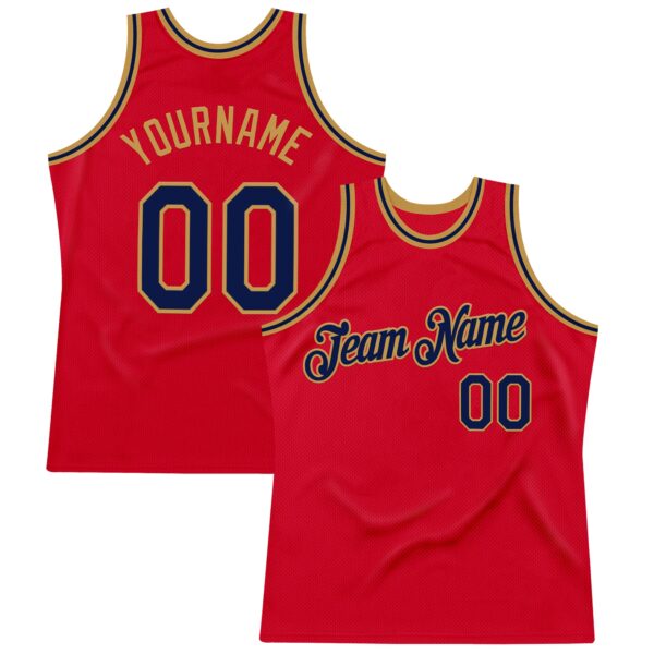 Custom Red Navy-Old Gold Authentic Throwback Basketball Jersey