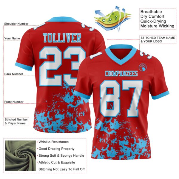 Custom Red White-Sky Blue 3D Pattern Splash Authentic Football Jersey