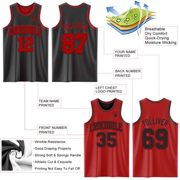 Custom Reversible Black Red Double Side Sublimation Basketball Suit Jersey