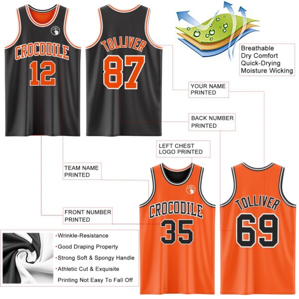 Custom Reversible Black Orange-White Double Side Sublimation Basketball Suit Jersey