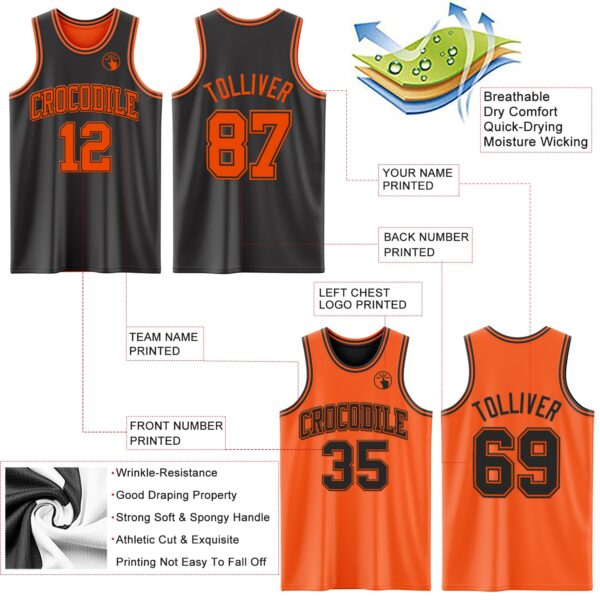 Custom Reversible Black Orange Double Side Sublimation Basketball Suit Jersey