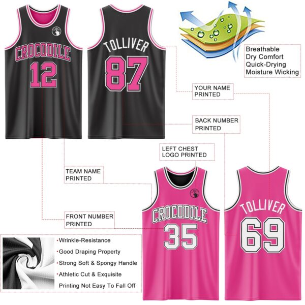 Custom Reversible Black Pink-White Double Side Sublimation Basketball Suit Jersey
