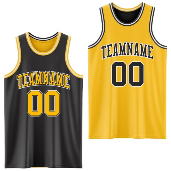 Custom Reversible Black Gold-White Double Side Sublimation Basketball Suit Jersey