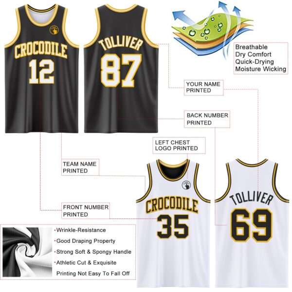 Custom Reversible Black White-Gold Double Side Sublimation Basketball Suit Jersey