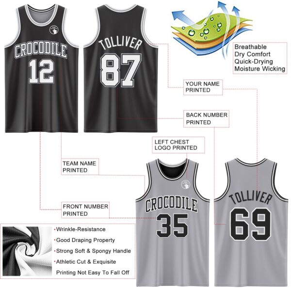 Custom Reversible Black White-Gray Double Side Sublimation Basketball Suit Jersey