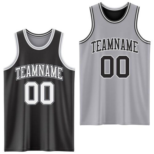 ReversibleD0021 Custom Reversible Black White-Gray Double Side Sublimation Basketball Suit Jersey