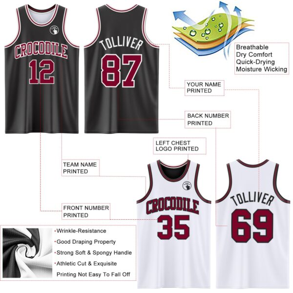 Custom Reversible Black Maroon-White Double Side Sublimation Basketball Suit Jersey