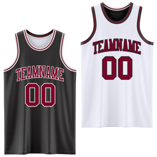 Custom Reversible Black Maroon-White Double Side Sublimation Basketball Suit Jersey