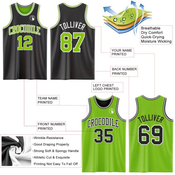 Custom Reversible Black Neon Green-White Double Side Sublimation Basketball Suit Jersey