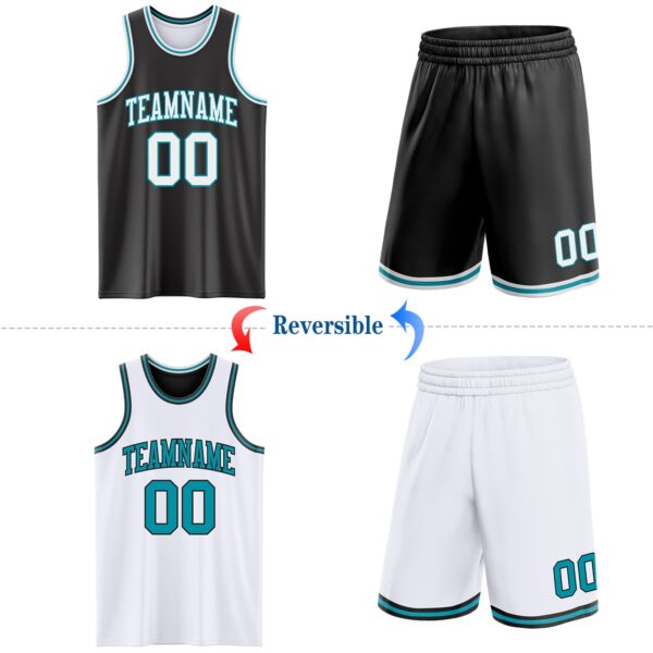 Custom Reversible Black White-Teal Double Side Sublimation Basketball Suit Jersey