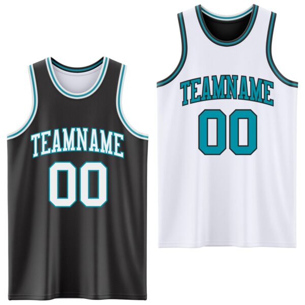 Custom Reversible Black White-Teal Double Side Sublimation Basketball Suit Jersey