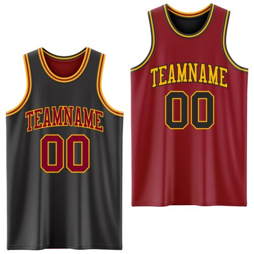 ReversibleD0033 Custom Reversible Black Maroon-Gold Double Side Sublimation Basketball Suit Jersey
