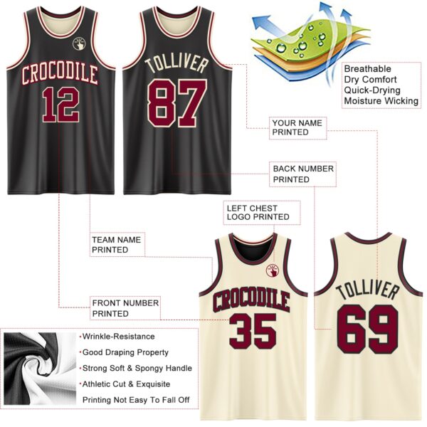 Custom Reversible Black Maroon-Cream Double Side Sublimation Basketball Suit Jersey