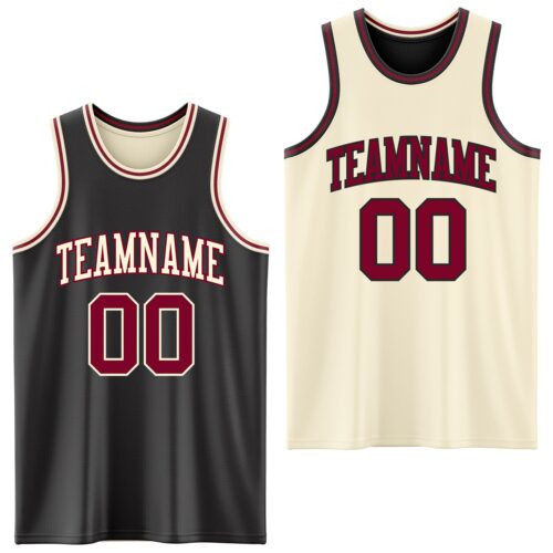 ReversibleD0034 Custom Reversible Black Maroon-Cream Double Side Sublimation Basketball Suit Jersey