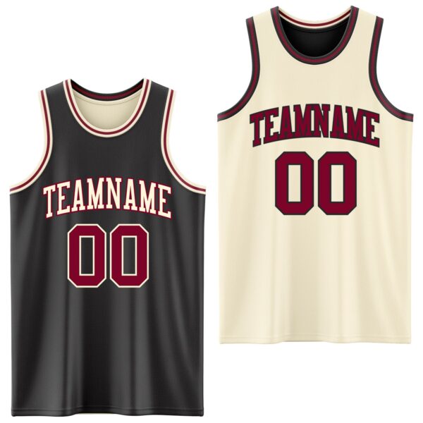 Custom Reversible Black Maroon-Cream Double Side Sublimation Basketball Suit Jersey