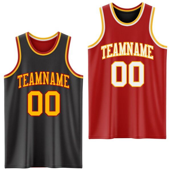 Custom Reversible Black Gold-Red Double Side Sublimation Basketball Suit Jersey