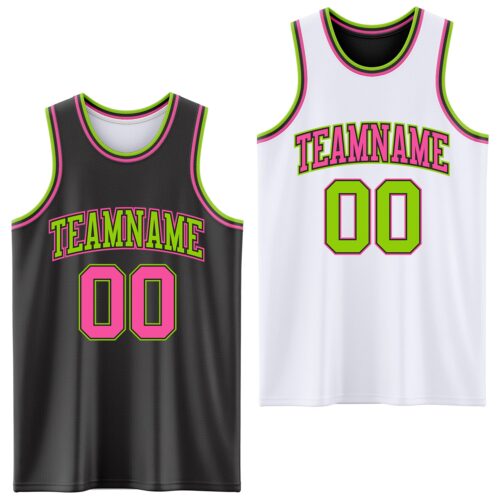 Custom Reversible Black Pink-Neon Green Double Side Sublimation Basketball Suit Jersey