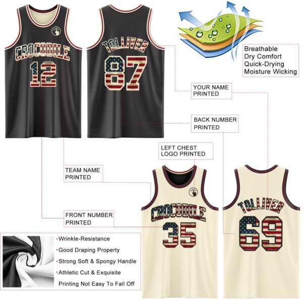Custom Reversible Black Vintage USA Flag Cream-Maroon Double Side Sublimation Basketball Suit Jersey