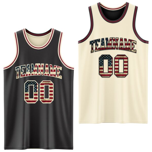 Custom Reversible Black Vintage USA Flag Cream-Maroon Double Side Sublimation Basketball Suit Jersey