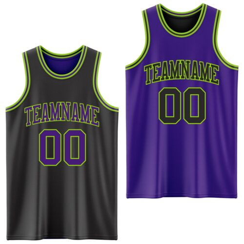 Custom Reversible Black Purple-Neon Green Double Side Sublimation Basketball Suit Jersey