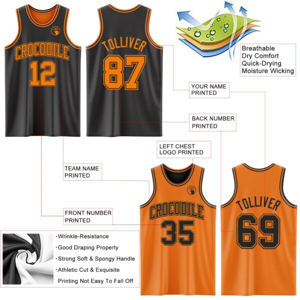 Custom Reversible Black Bay Orange Double Side Sublimation Basketball Suit Jersey