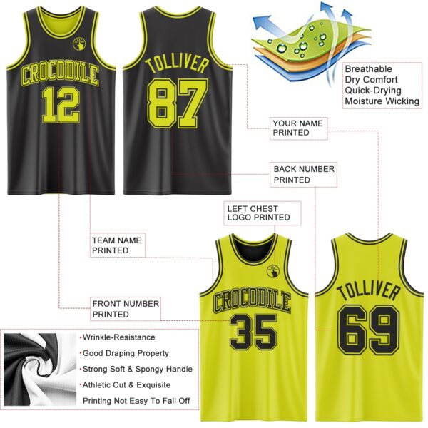 Custom Reversible Black Neon Yellow Double Side Sublimation Basketball Suit Jersey