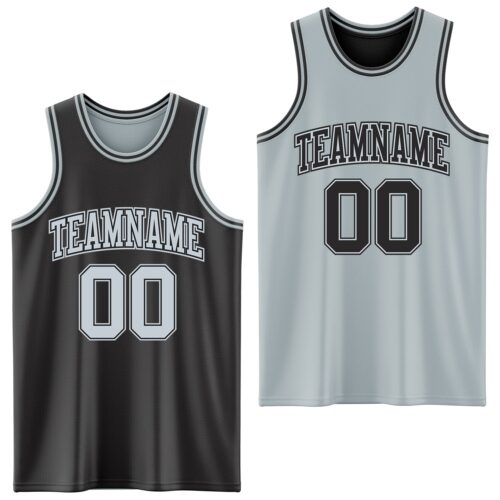 Custom Reversible Black Silver Double Side Sublimation Basketball Suit Jersey