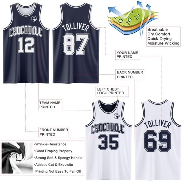 Custom Navy White Reversible Double Side Sublimation Basketball Suit Jersey