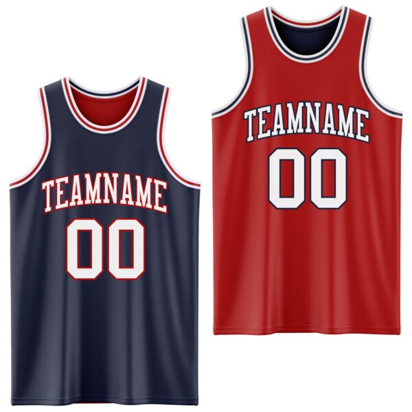 Custom Navy White-Red Reversible Double Side Sublimation Basketball Suit Jersey