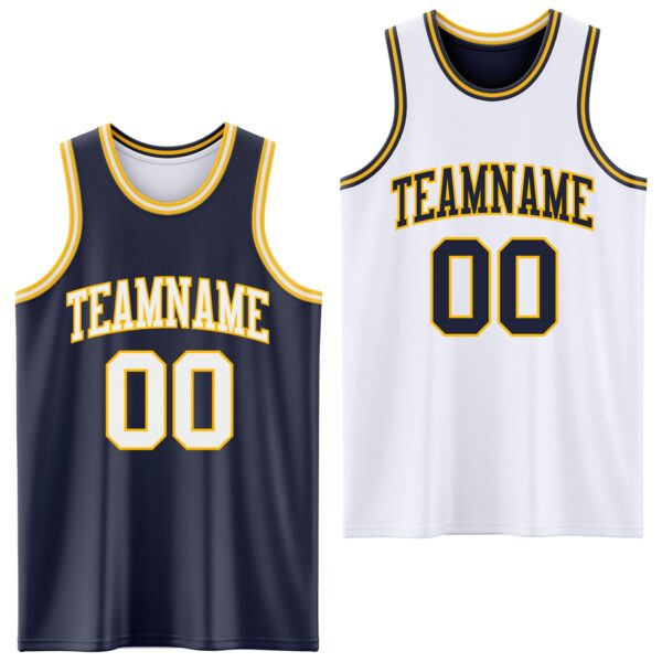 Custom Navy White-Gold Reversible Double Side Sublimation Basketball Suit Jersey