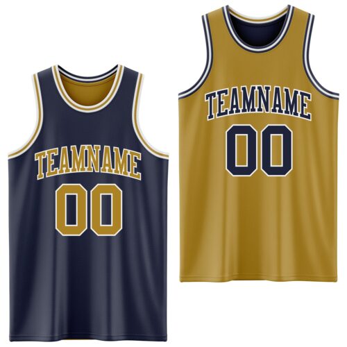 Custom Navy Old Gold-White Reversible Double Side Sublimation Basketball Suit Jersey