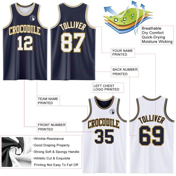 Custom Navy White-Old Gold Reversible Double Side Sublimation Basketball Suit Jersey