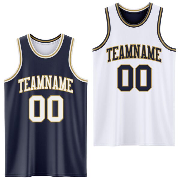 Custom Navy White-Old Gold Reversible Double Side Sublimation Basketball Suit Jersey