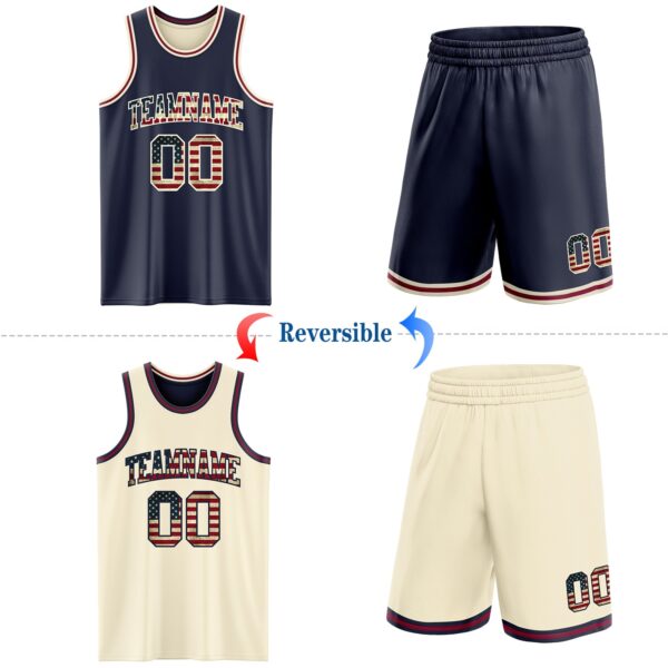 Custom Navy Vintage USA Flag Cream-Maroon Reversible Double Side Sublimation Basketball Suit Jersey