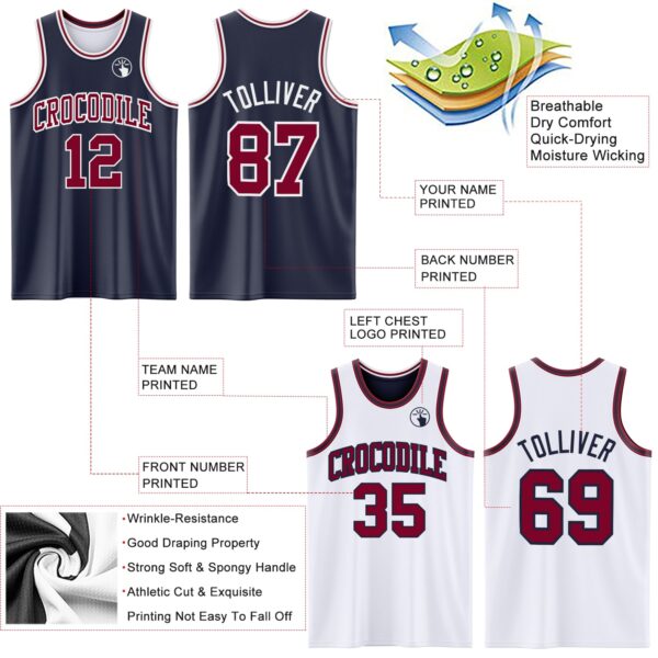 Custom Navy Maroon-White Reversible Double Side Sublimation Basketball Suit Jersey