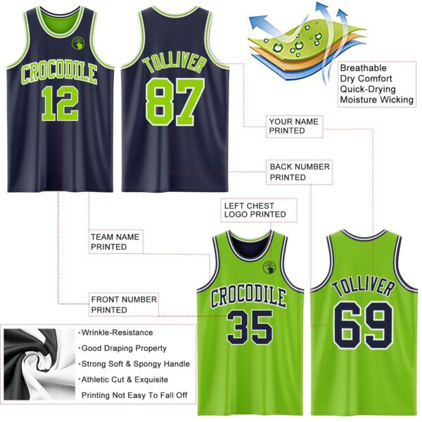 Custom Navy Neon Green-White Reversible Double Side Sublimation Basketball Suit Jersey