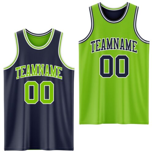 Custom Navy Neon Green-White Reversible Double Side Sublimation Basketball Suit Jersey