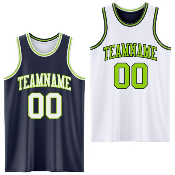 Custom Navy White-Neon Green Reversible Double Side Sublimation Basketball Suit Jersey